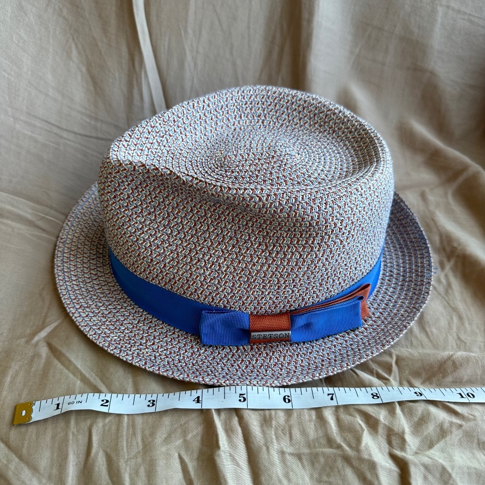 STETSON Sun Guard Summer Toyo Straw Hat Pork Pie Hat Blue Orange Accents - Picture 8 of 8
